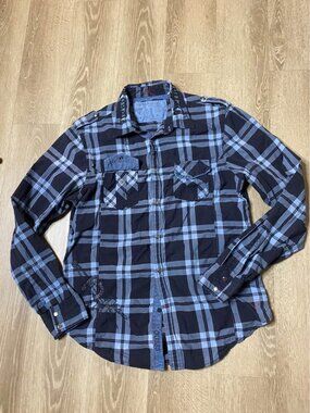 Guess Men’s Plaid Snap Button Shirt Size Large Blue Embroidered Western Style